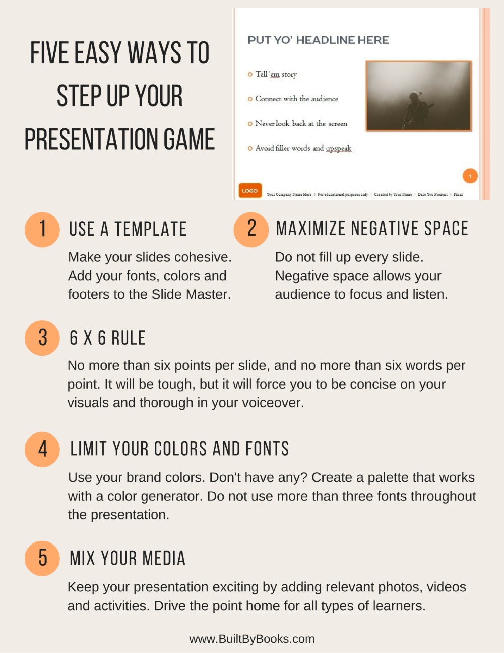 Five easy ways to tweak your next presentation. With visual aids, less is more.